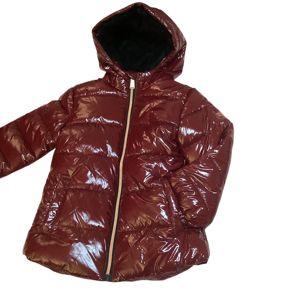 Limited Too Girls Burgundy Shiny Patent Puffer Jacket Faux Fur Lined Hooded 4